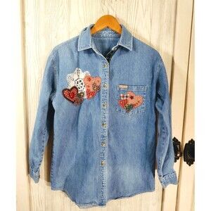 Mountain Lake Womens Button M Embroidered Denim Heart Embellishments Cottage